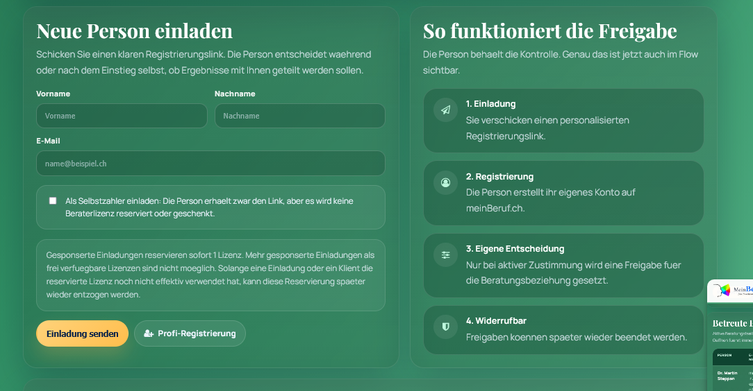 Grüner Screenshot der Berateransicht